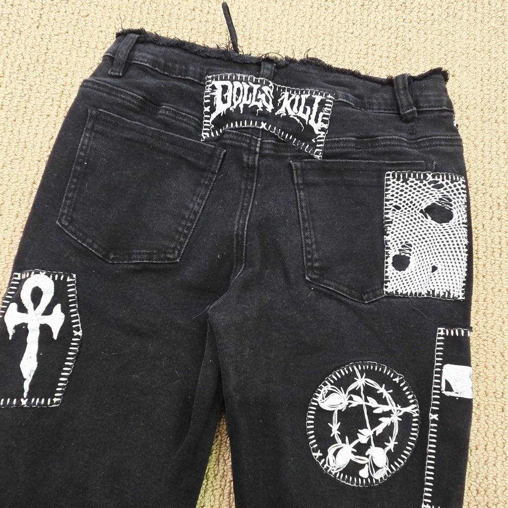 Current Mood Dolls Kill Black Jeans Womens Medium Patch Lace Up Punk Goth Skinny - Picture 5 of 16